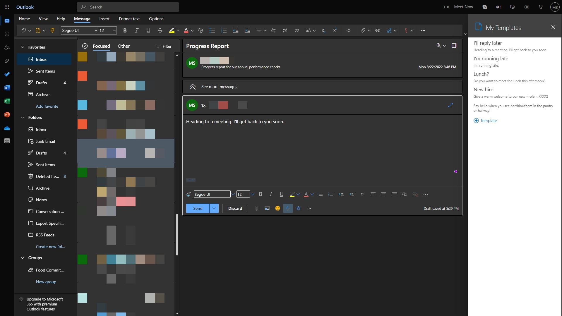 Использование шаблона в Outlook веб