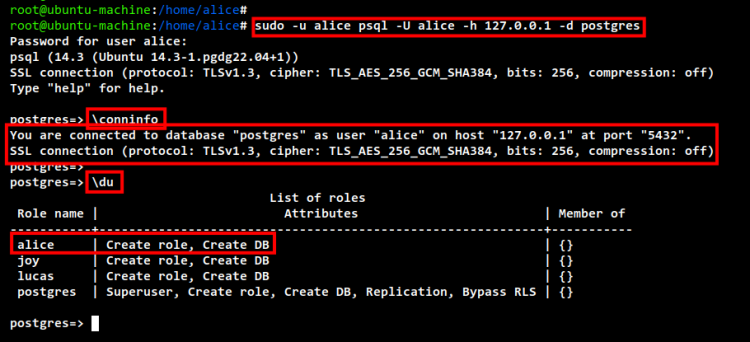 Подключение к PostgreSQL под ролью alice