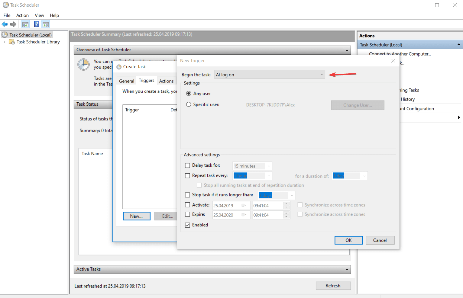 trigger log on windows 10