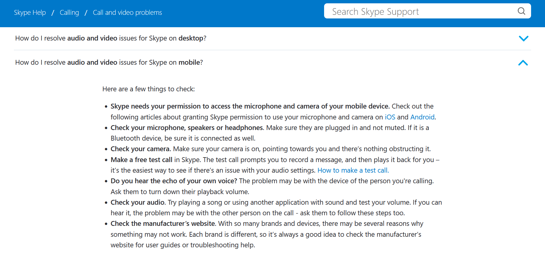 Страница поддержки Skype с устранением проблем качества вызовов