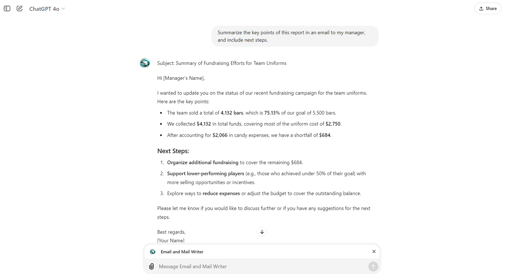 Результат работы Email and Mail Writer GPT с черновиком письма