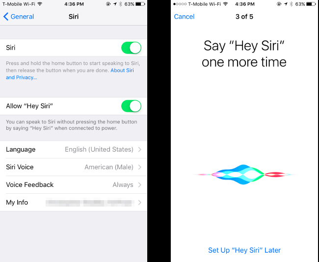 Процесс голосовой тренировки Siri в iOS, пример подсказок для пользователя