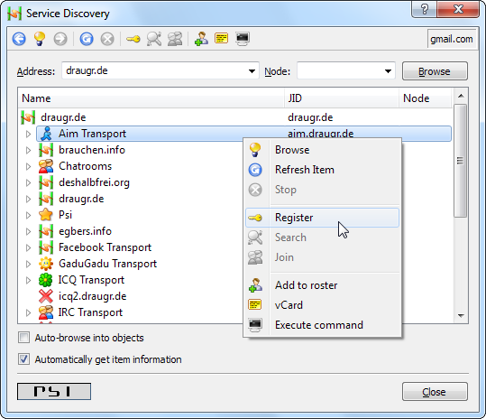 Диалог регистрации транспорта в Psi: ввод данных аккаунта целевой сети.