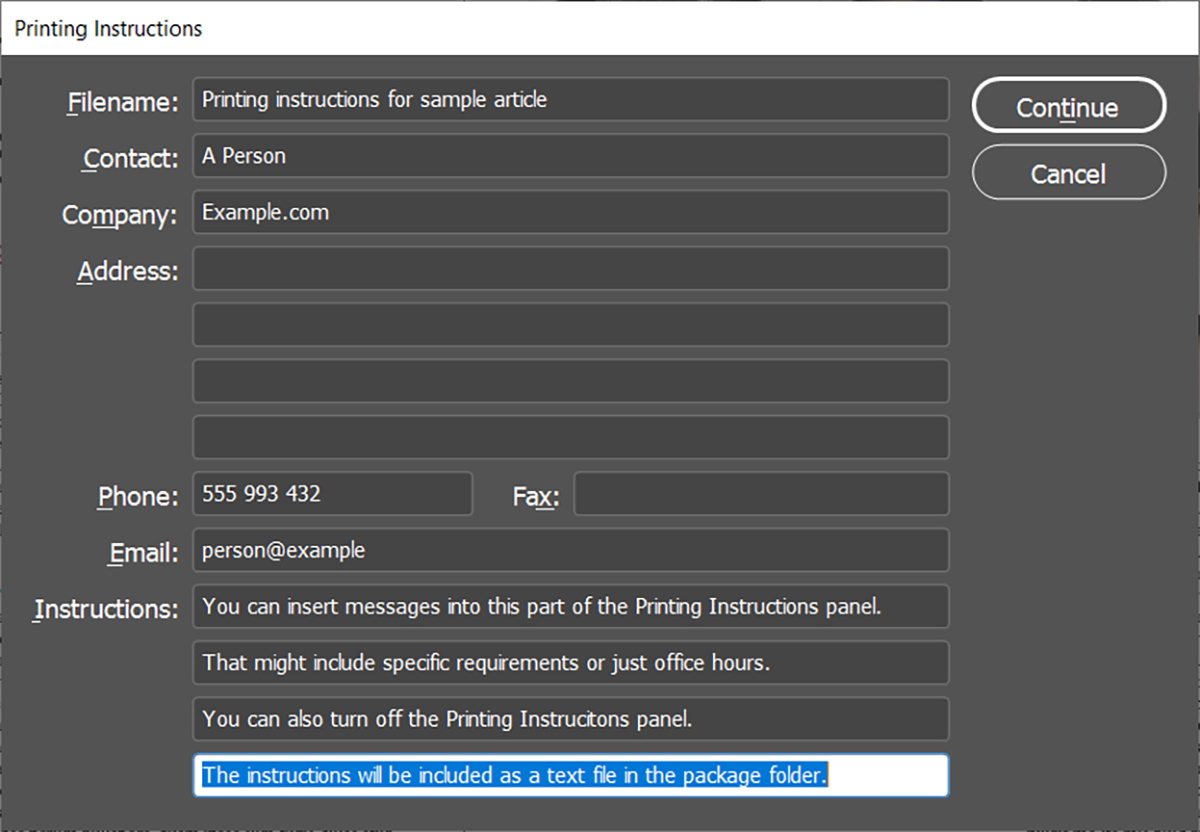 Окно печатных инструкций при упаковке InDesign