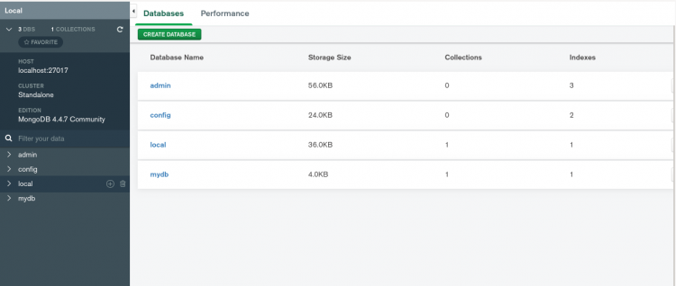 Список всех баз данных в MongoDB Compass