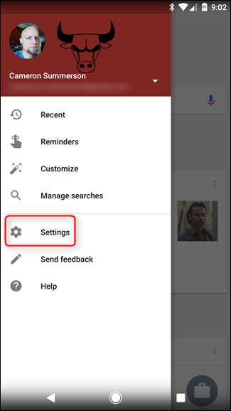 Меню приложения Google: Настройки