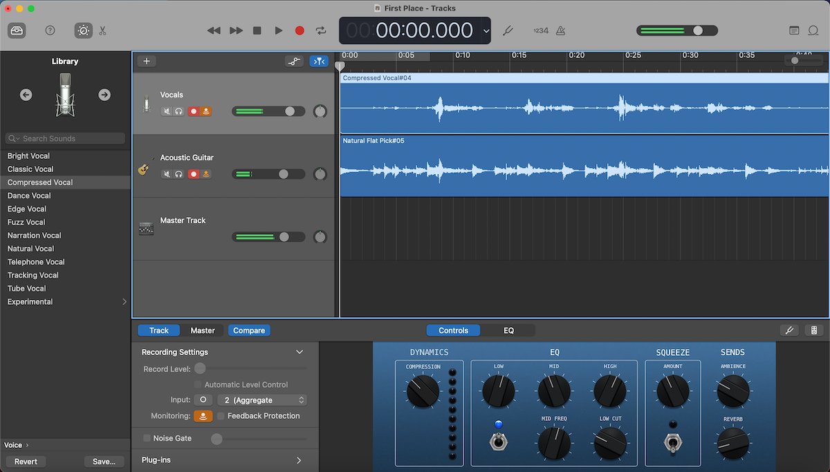 Проект GarageBand с двумя дорожками для гитары и голоса