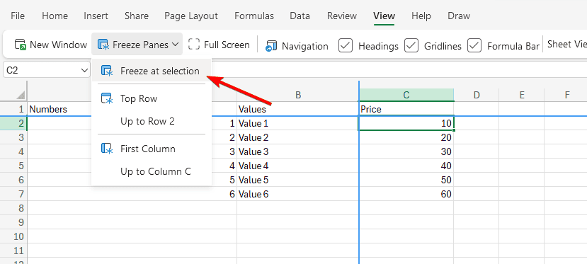 Пример выделения ячейки для закрепления и соответствующая опция
