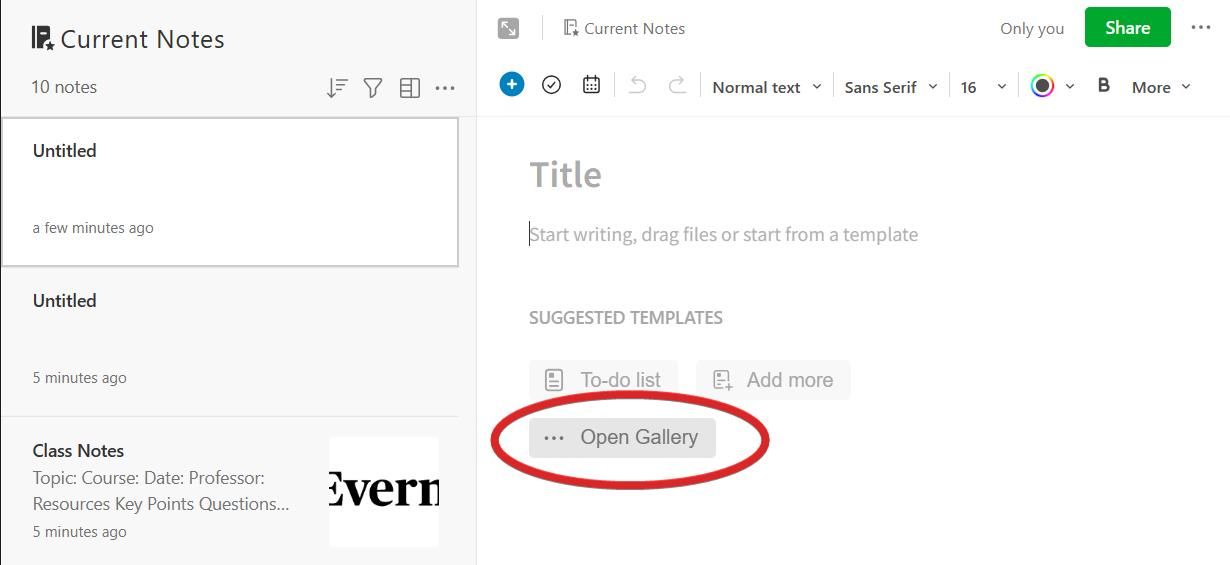 Доступ к галерее шаблонов Evernote