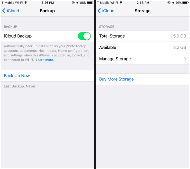 Экран управления хранилищем iCloud — категории занимаемого места
