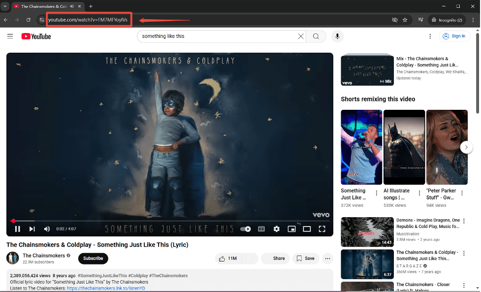 Копирование URL видео YouTube