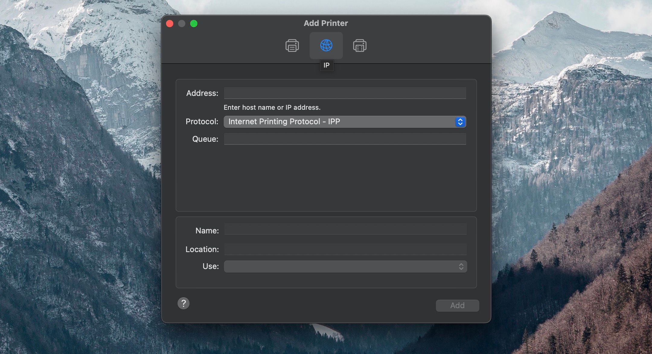 Вкладка IP при добавлении принтера