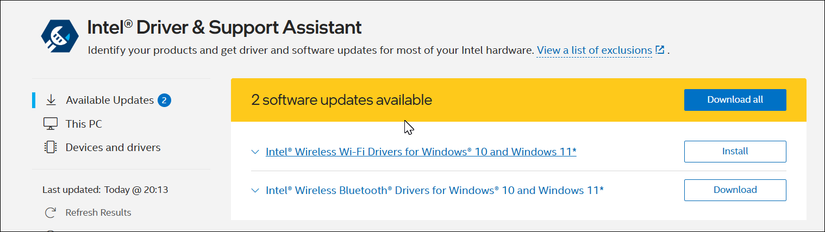 Страница загрузки драйверов Intel в браузере