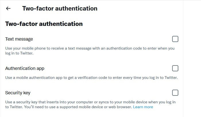 Sélection méthodes 2FA Twitter PC