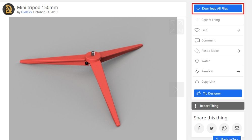 Опция загрузки 3D-модели на Thingiverse