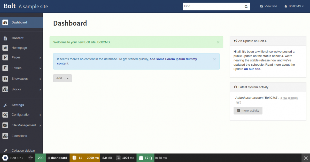 Панель управления Bolt CMS