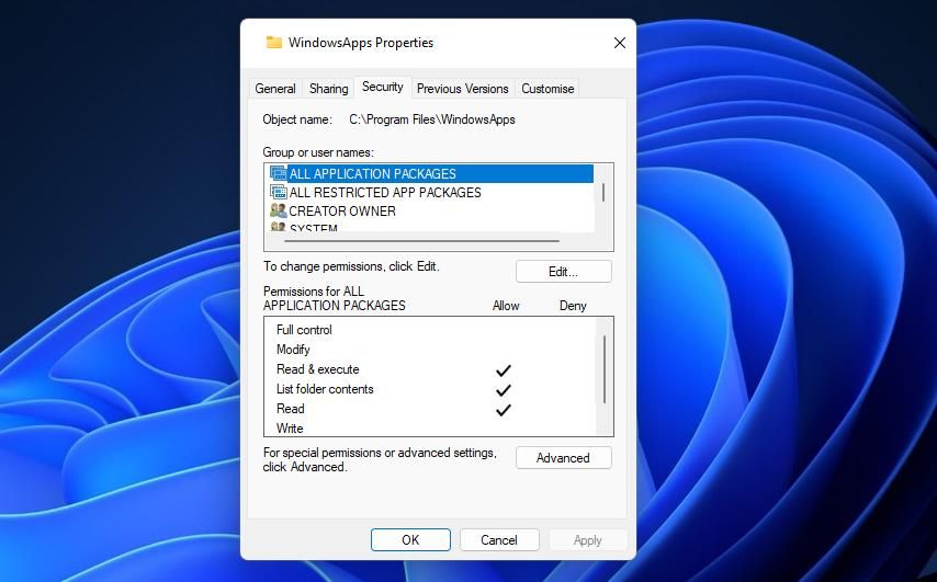 Вкладка «Безопасность» в свойствах папки WindowsApps