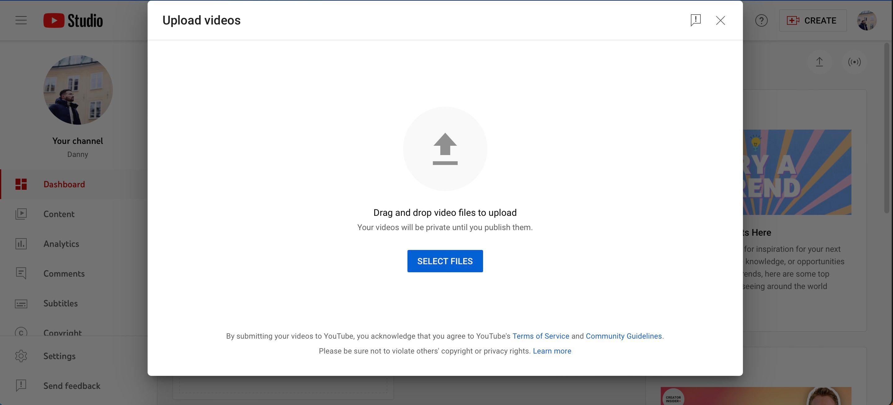 Опция выбора файла для загрузки на YouTube