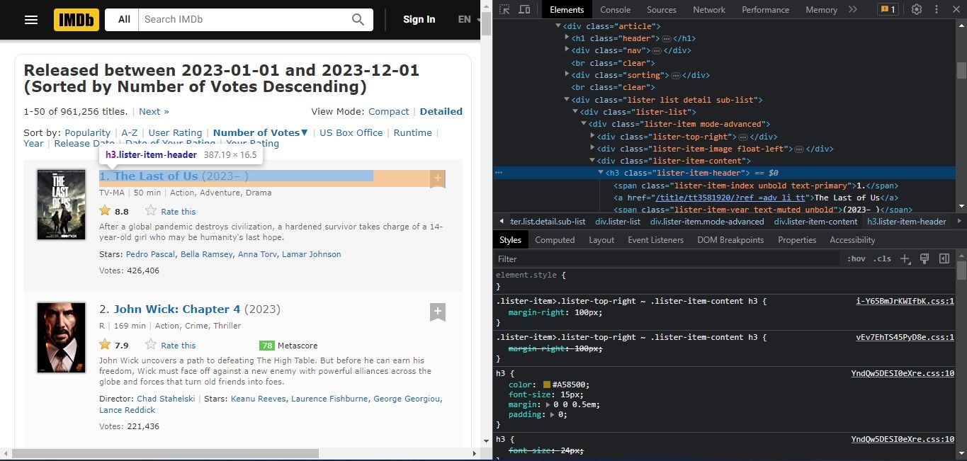 Инструменты разработчика браузера, выделяющие HTML-элементы для парсинга