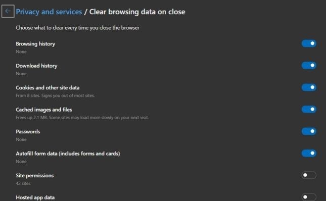 Opzioni per cancellare i dati alla chiusura in Microsoft Edge
