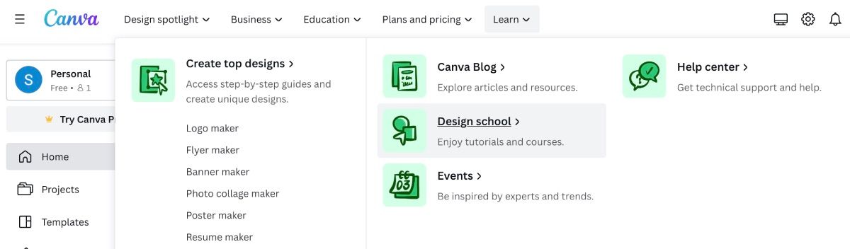 Canva main page direction to Design School 