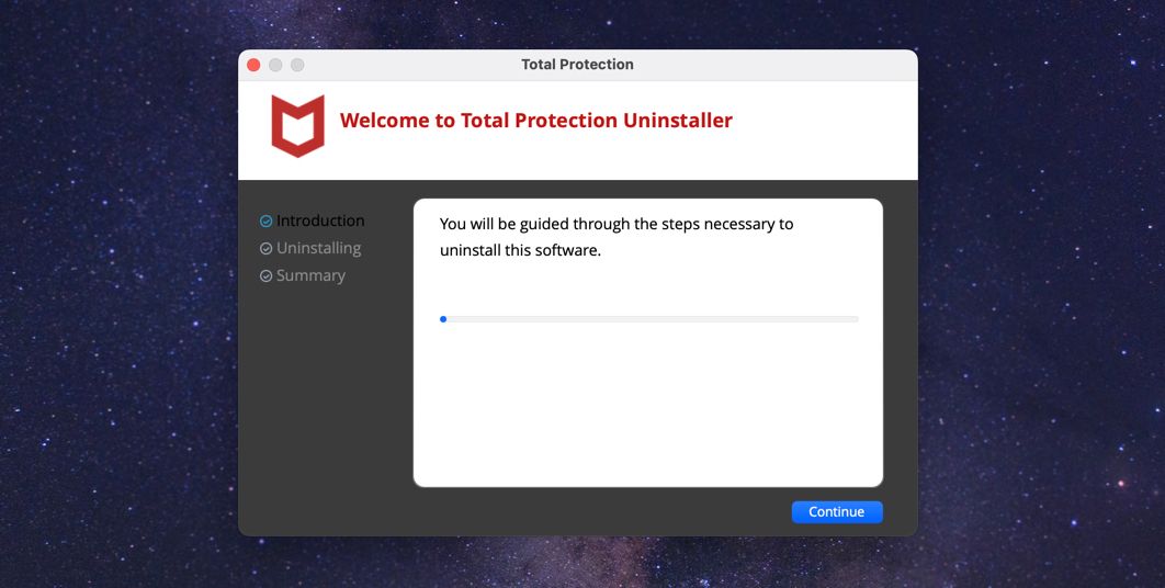 Окно деинсталлятора McAfee на Mac.