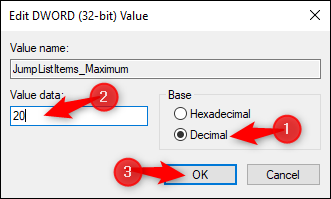 Скриншот ввода десятичного значения для JumpListItems_Maximum