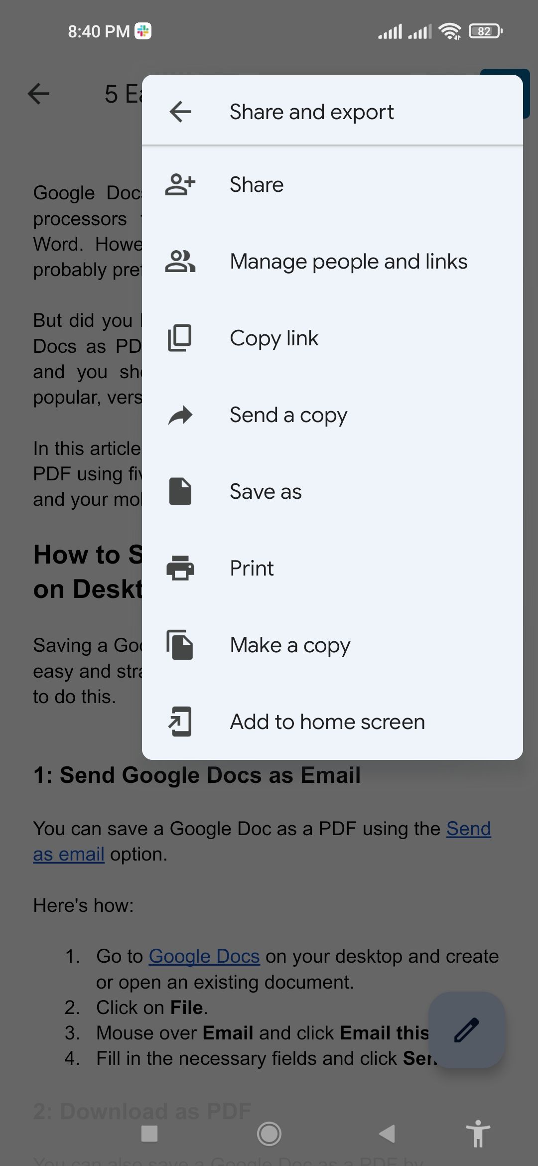Опция «Отправить копию» в мобильном Google Docs для сохранения PDF