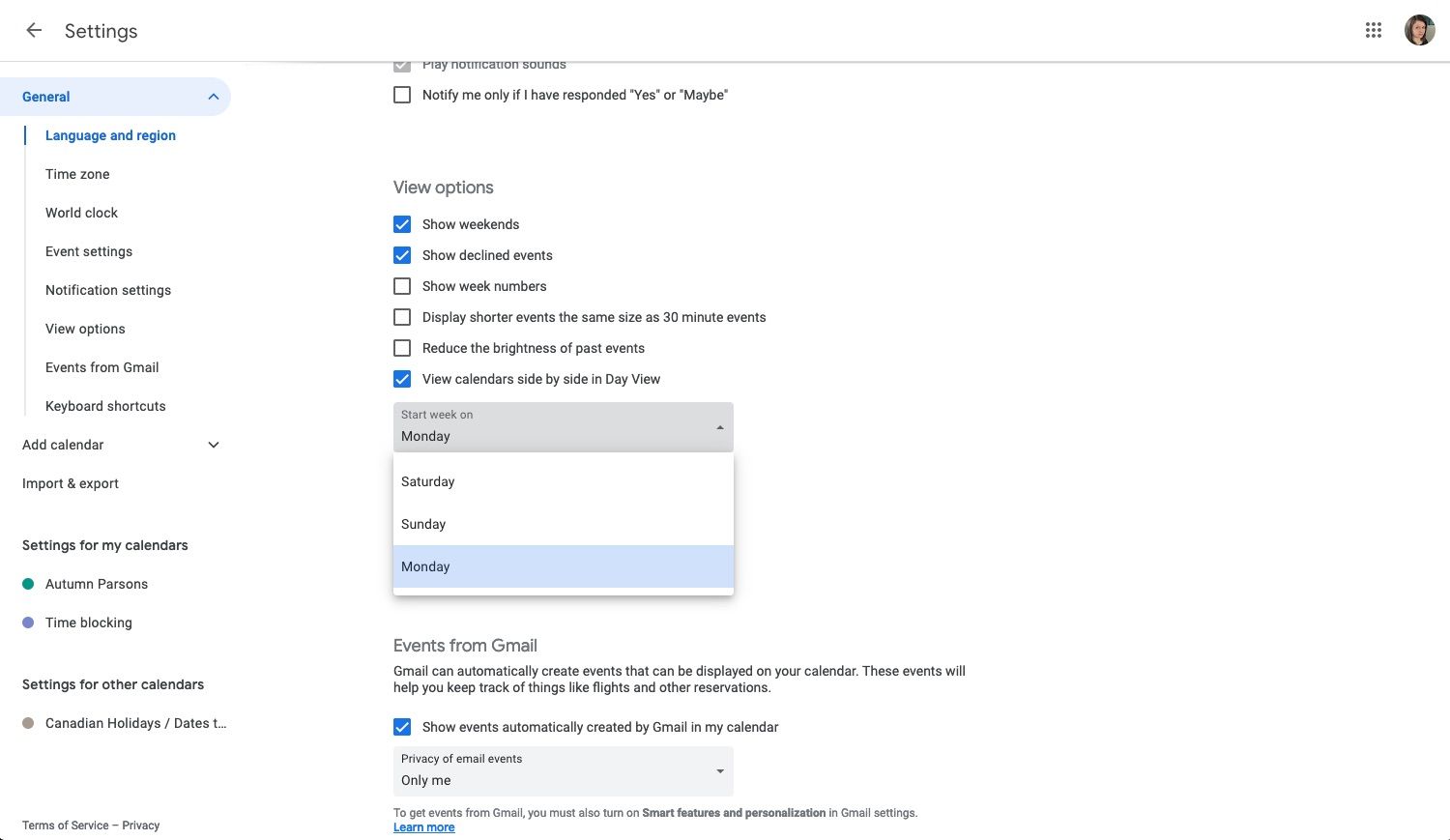 Панель настроек в программе календаря