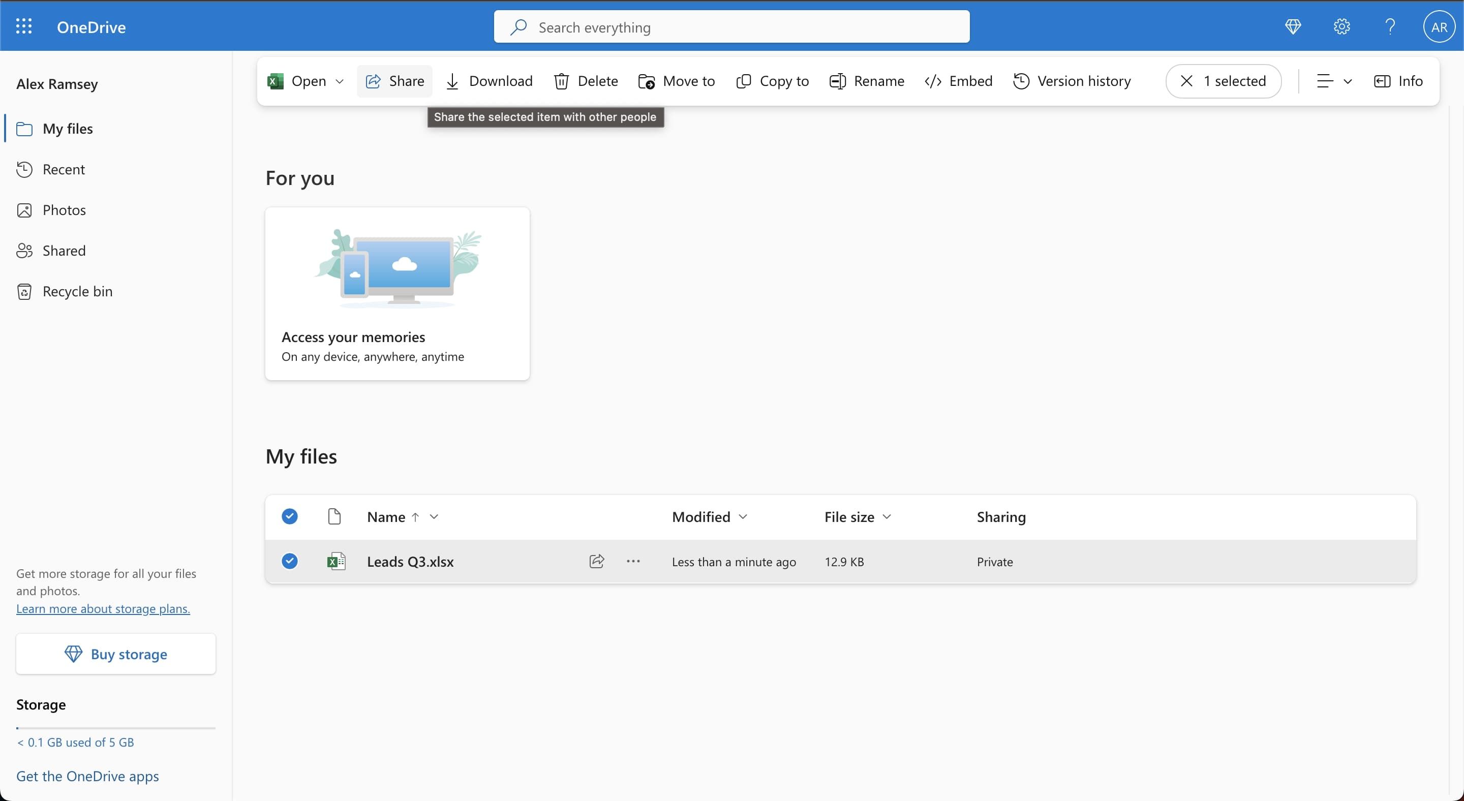 Кнопка поделиться файлом в OneDrive