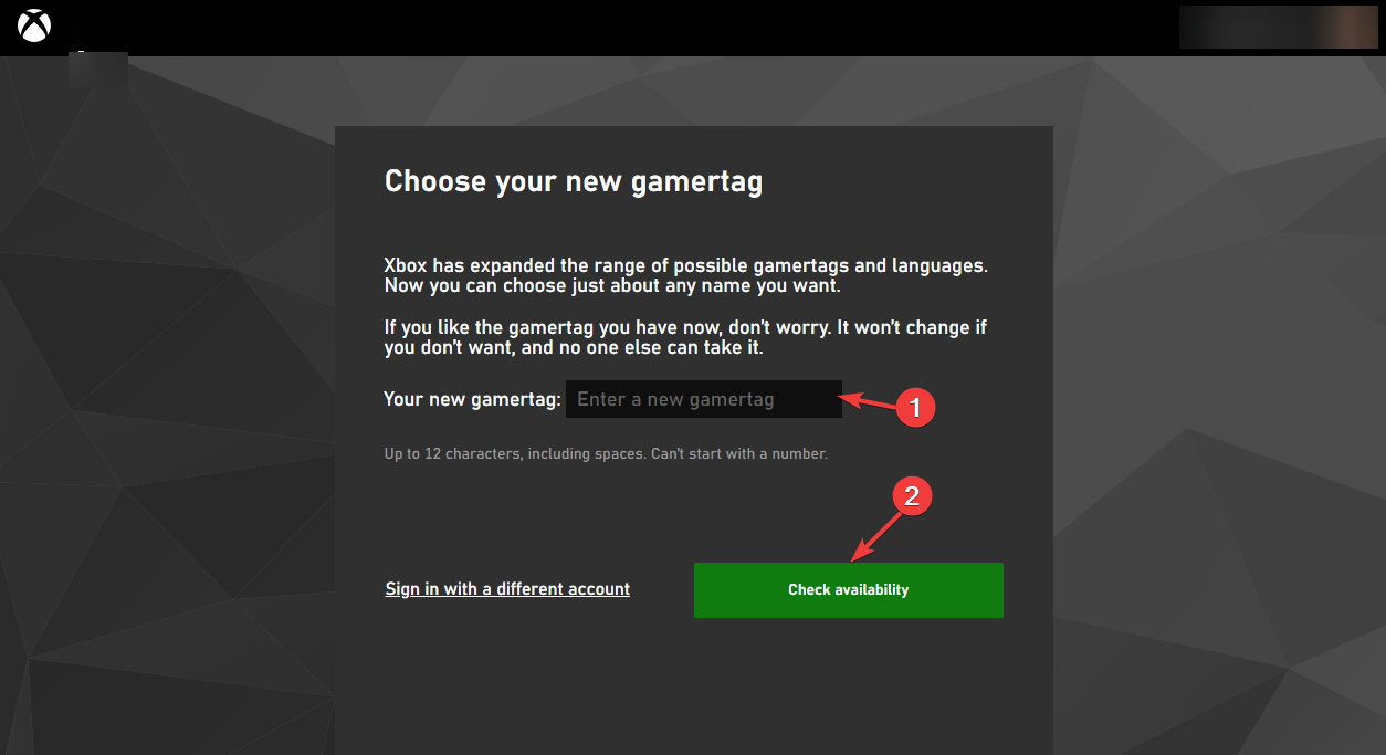 Веб-страница изменения геймертега на Xbox