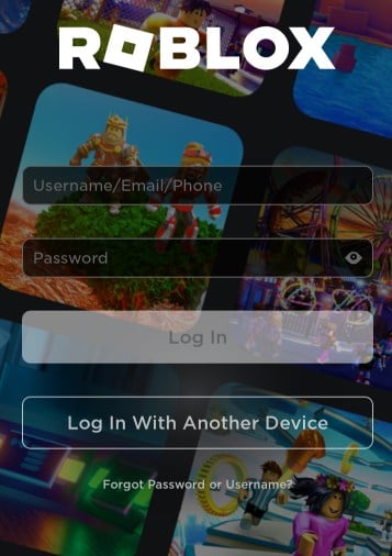 Экран входа в приложении Roblox на мобильном устройстве