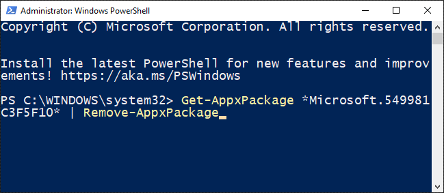 Введите команду для удаления Cortana для текущего пользователя в PowerShell