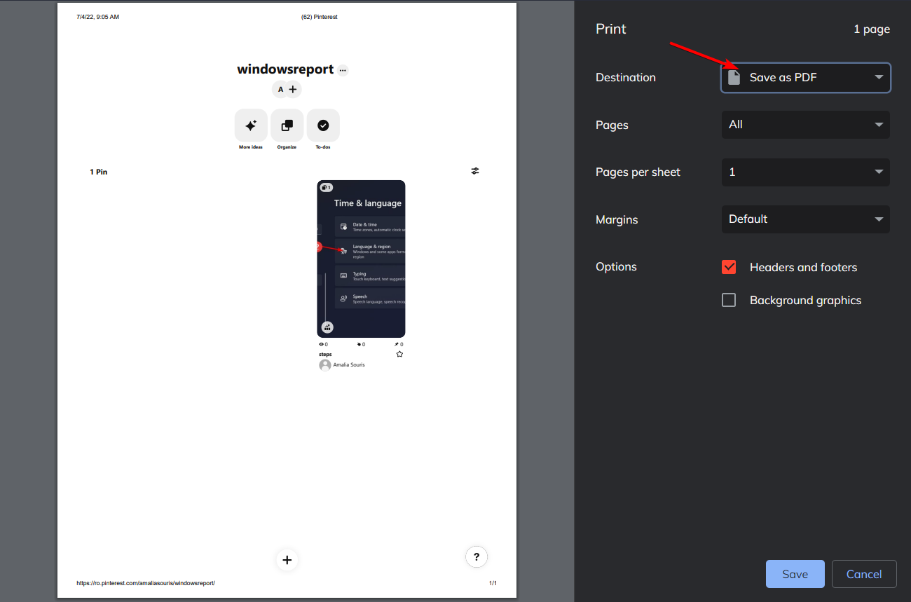 Сохранение в PDF — выбор 'Save as PDF' в диалоге