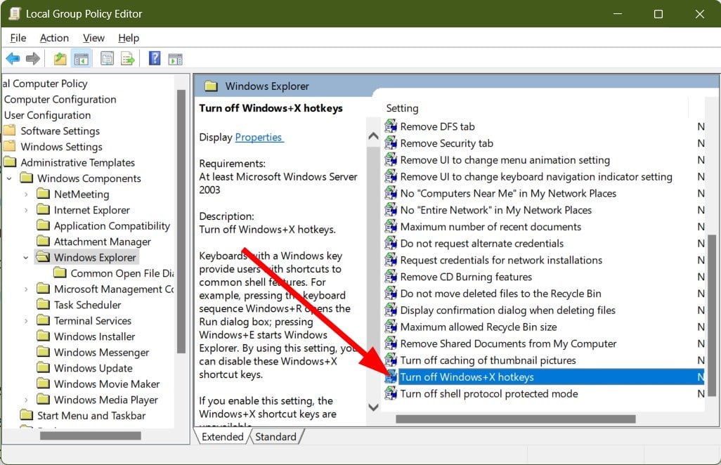 Параметр Turn off Windows+X hotkeys