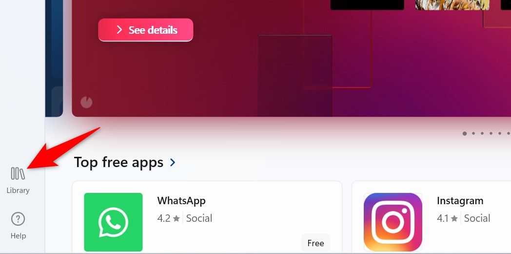 Раздел «Библиотека» в Microsoft Store выделен.
