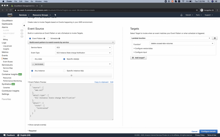 Выбор шаблона события EC2 и добавление цели Lambda