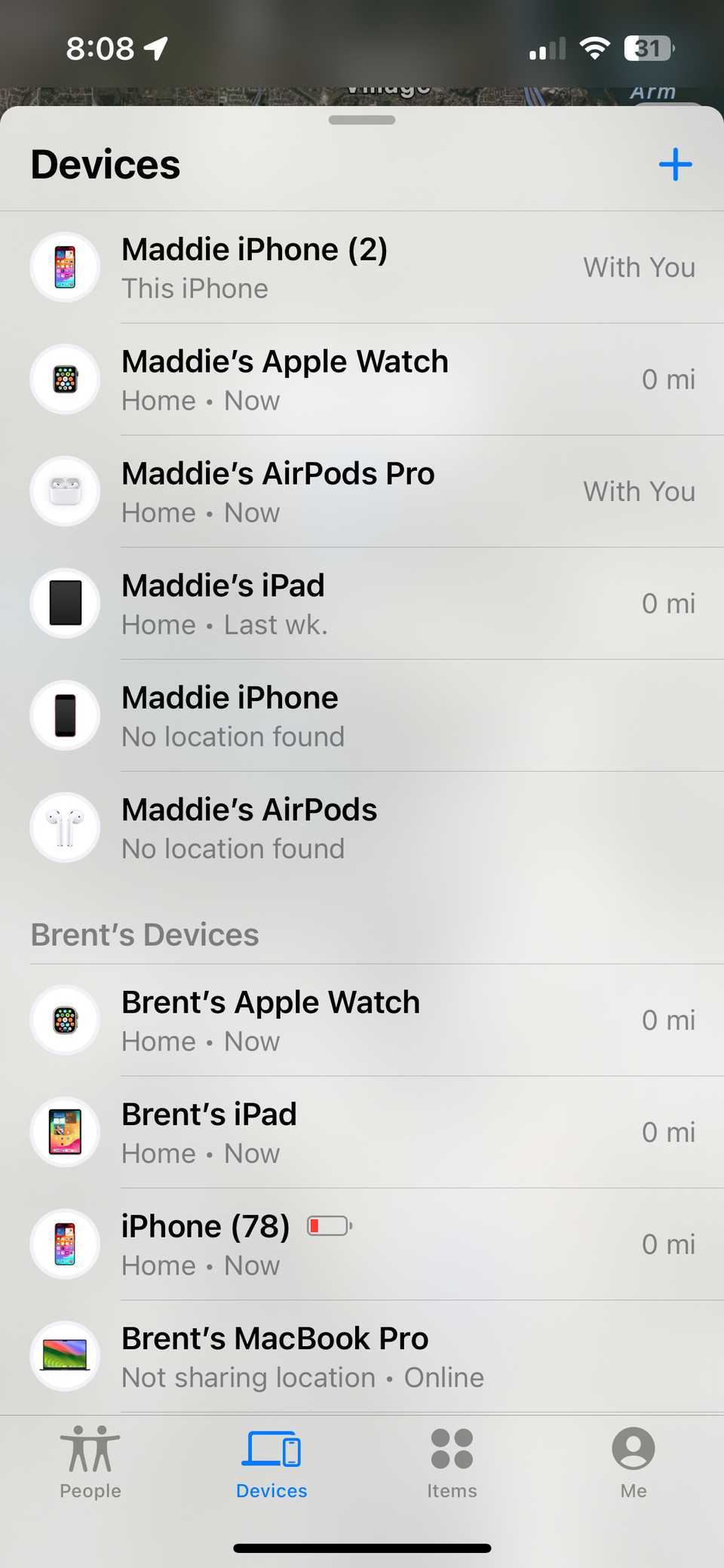 Вкладка устройств в Find My