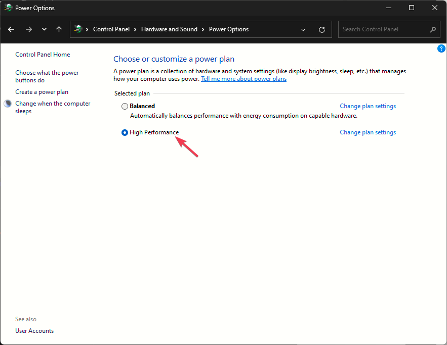 Выбор планов электропитания: выбрать Сбалансированный