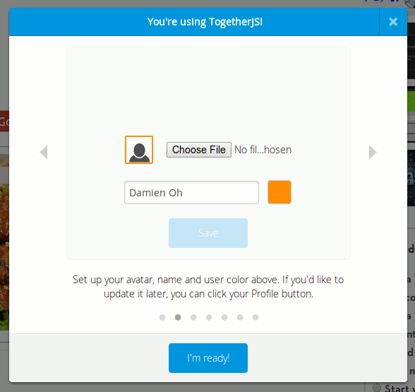 Форма профиля пользователя TogetherJS с полем имени и загрузкой аватара