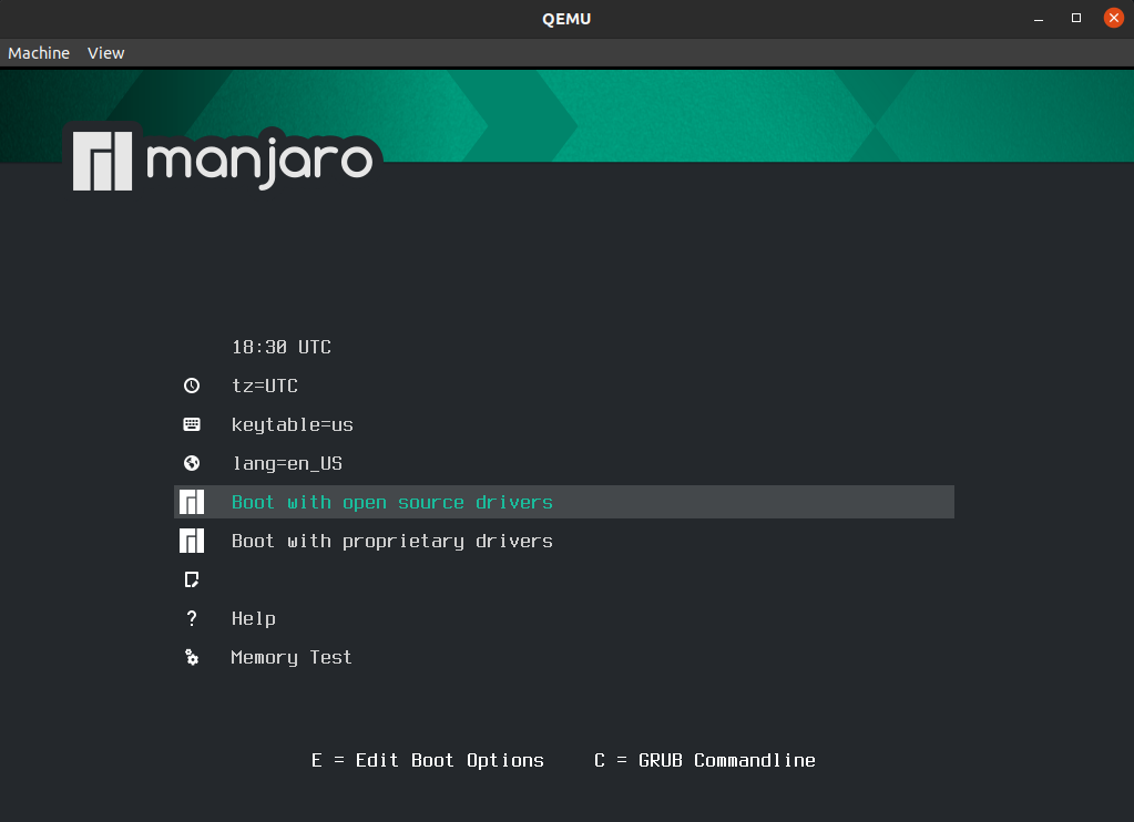 Экран загрузки Manjaro с опцией загрузки open source драйверов
