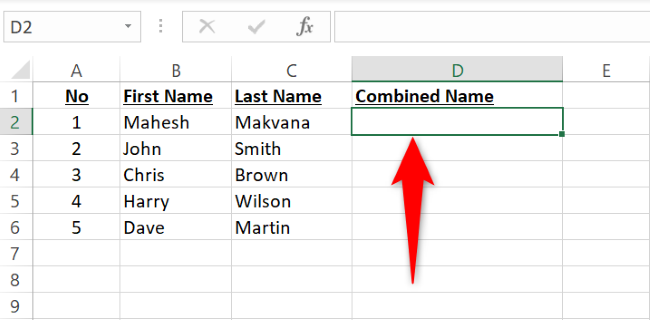 Выберите ячейку для вывода объединённого имени.