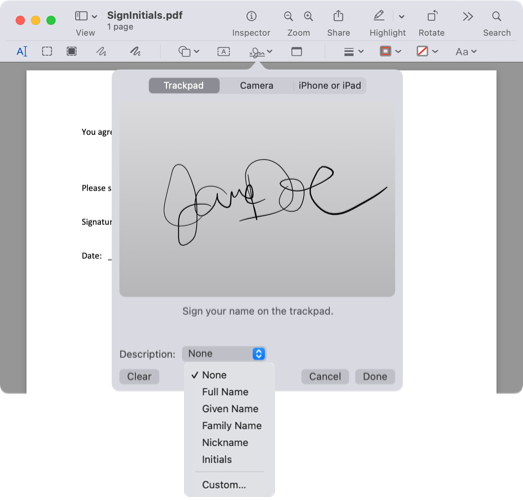 Параметры описания для подписи, созданной через трекпад