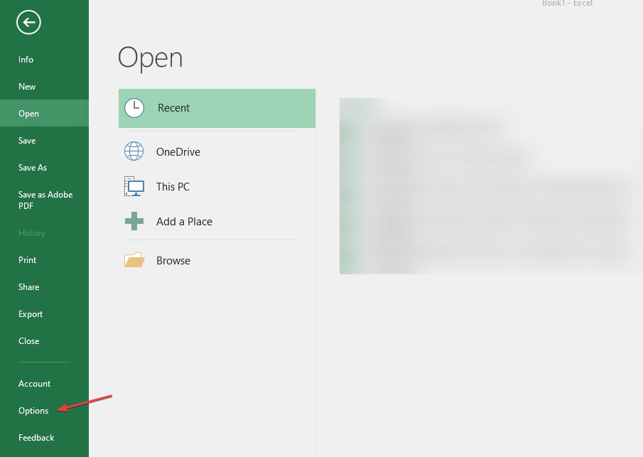 Открыть параметры Excel