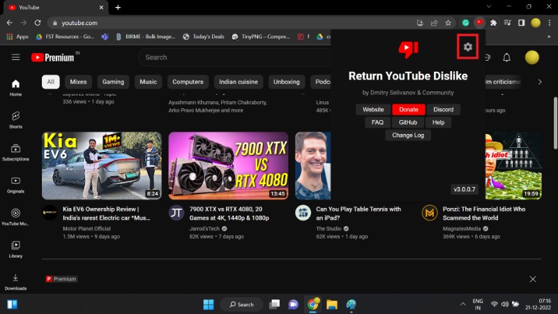 interfaz de configuración de la extensión Return YouTube Dislike