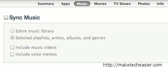 iTunes 수동 동기화 설정 화면