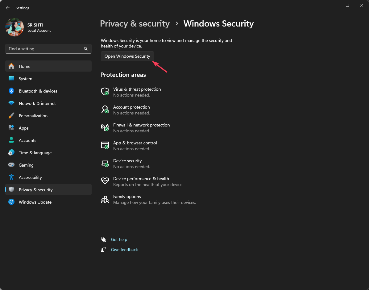Кнопка «Открыть Защитник Windows»