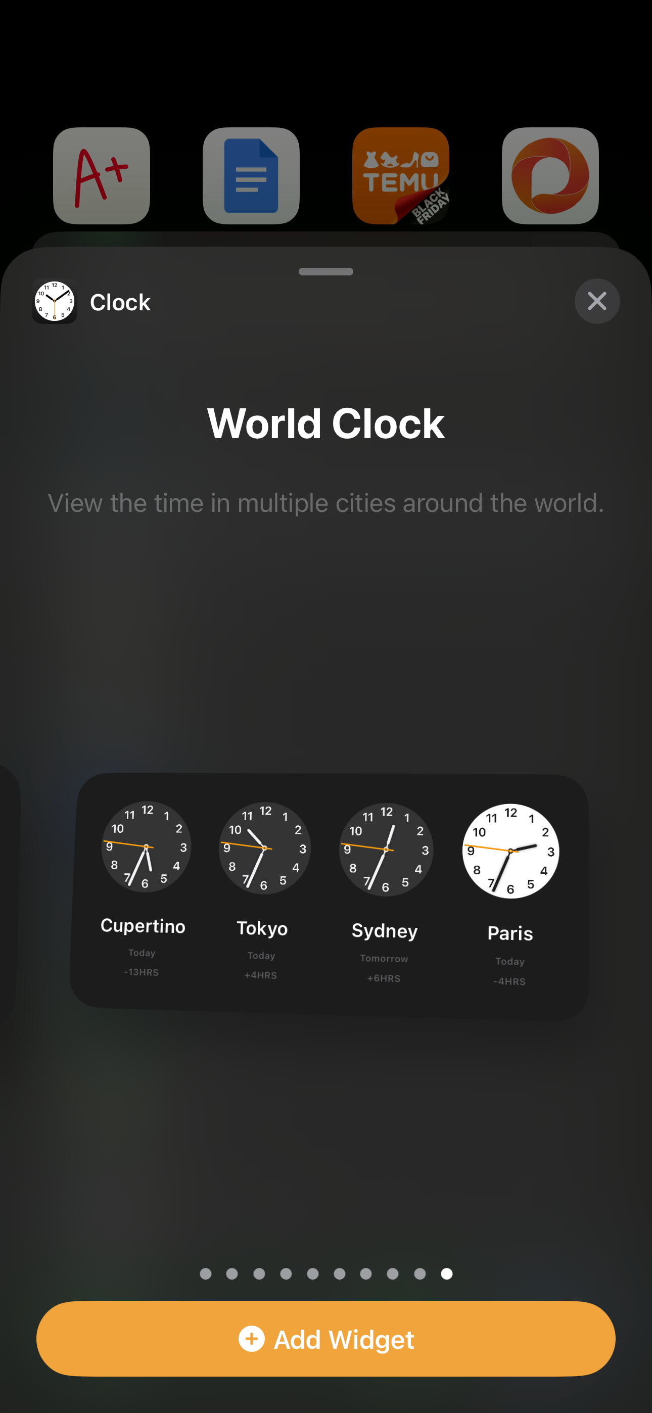 rectangular World Clock widget displayed on an iPhone