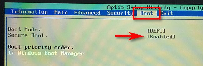Меню Boot в UEFI с опцией Secure Boot: включено
