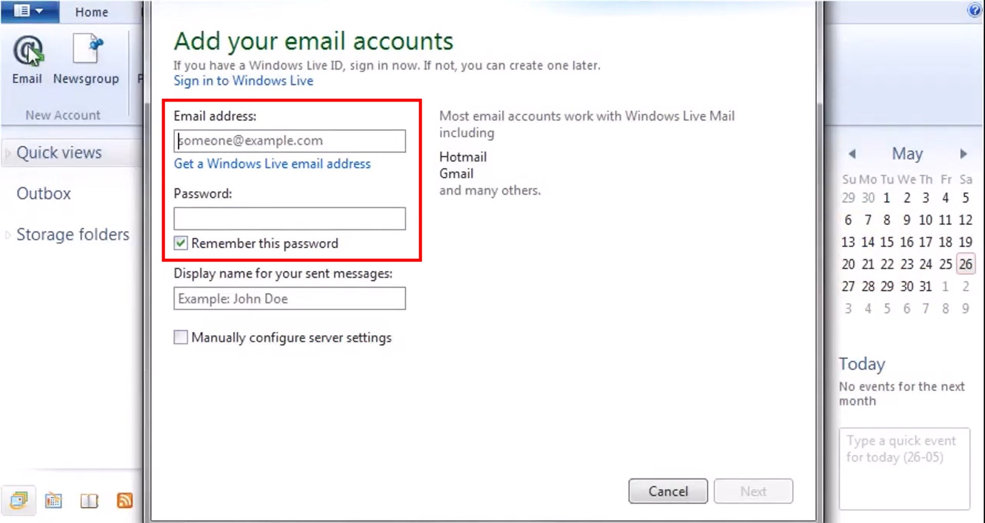 Поле ввода адреса электронной почты и пароля